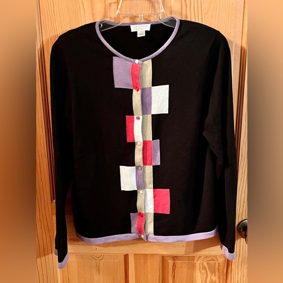 Christopher & Banks Black Cardigan w/Colorful Blocks Buttons SZ L Teacher Modest - Picture 8 of 17